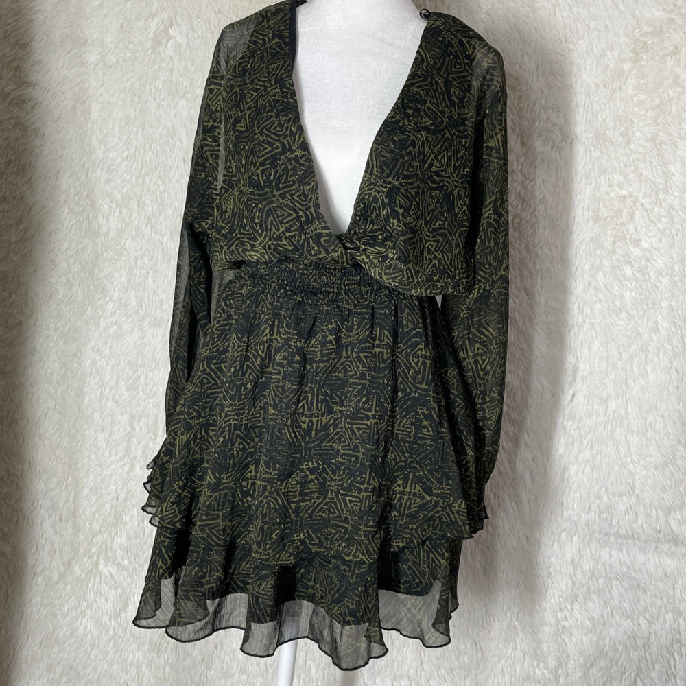 Zara Women Black Olive Green Abstract Print Smocked Waist Tiered Mini Dress S